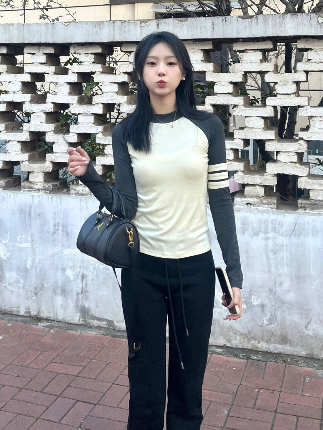 美式撞色插肩長袖打底衫女秋冬高級感內搭針織衫毛衣修身顯瘦上衣