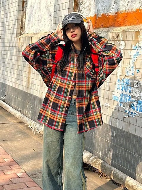 古着vintage格子襯衫女秋冬季學院風寬鬆大碼長袖襯衣磨毛外套潮