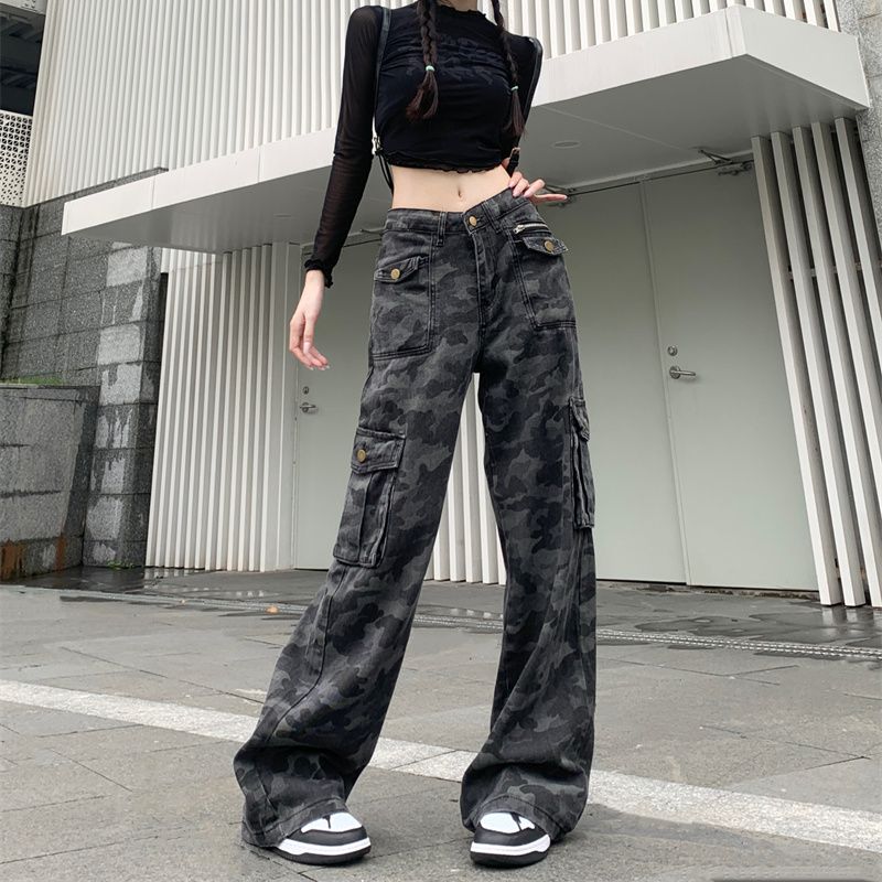 美式高街牛仔褲女秋季高腰水洗迷彩工裝褲寬鬆闊腿褲顯瘦直筒長褲