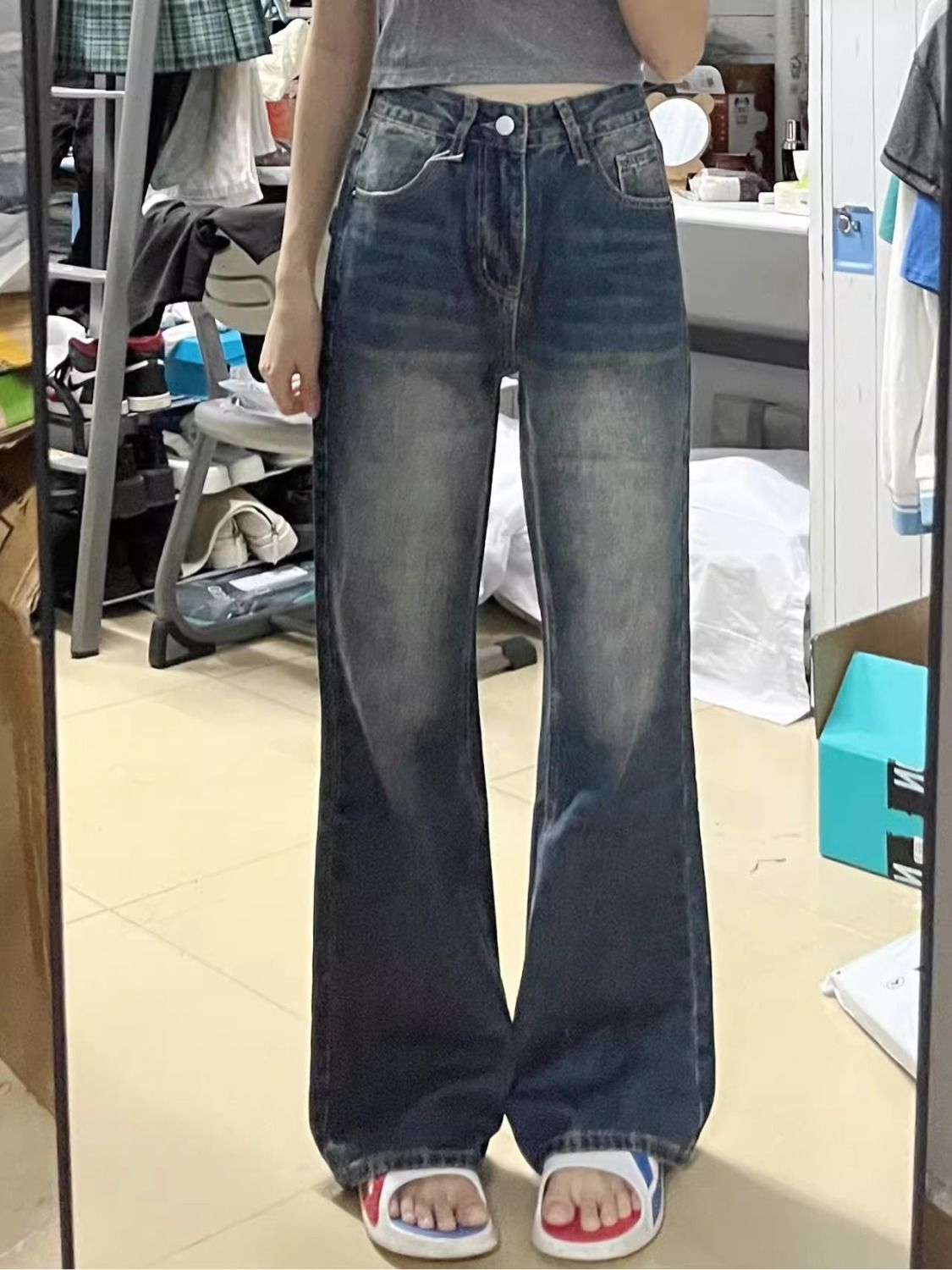 復古藍微喇牛仔褲女春季2023新款高腰顯瘦直筒百搭拖地闊腿長褲潮