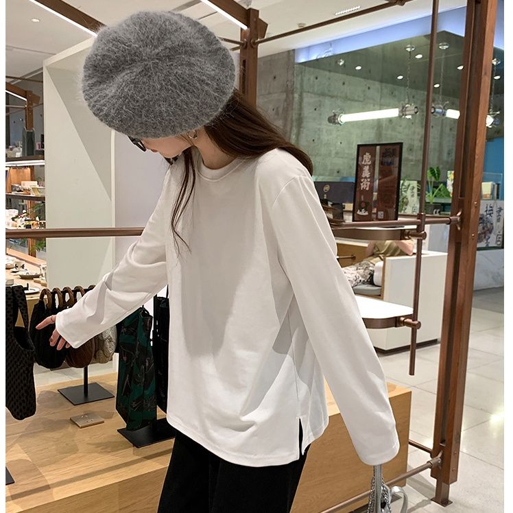 100%純棉開叉長袖t恤女ins潮2023新款寬鬆韓版學生bf風打底衫上衣