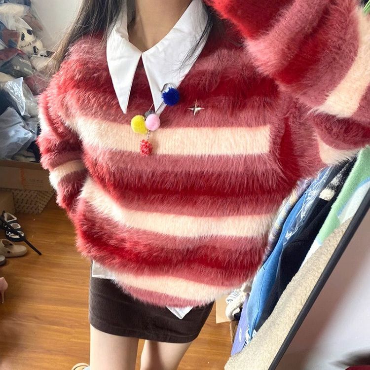 過年風氛圍感穿搭紅色條紋軟糯毛衣女2024冬季新年跨年針織衫上衣