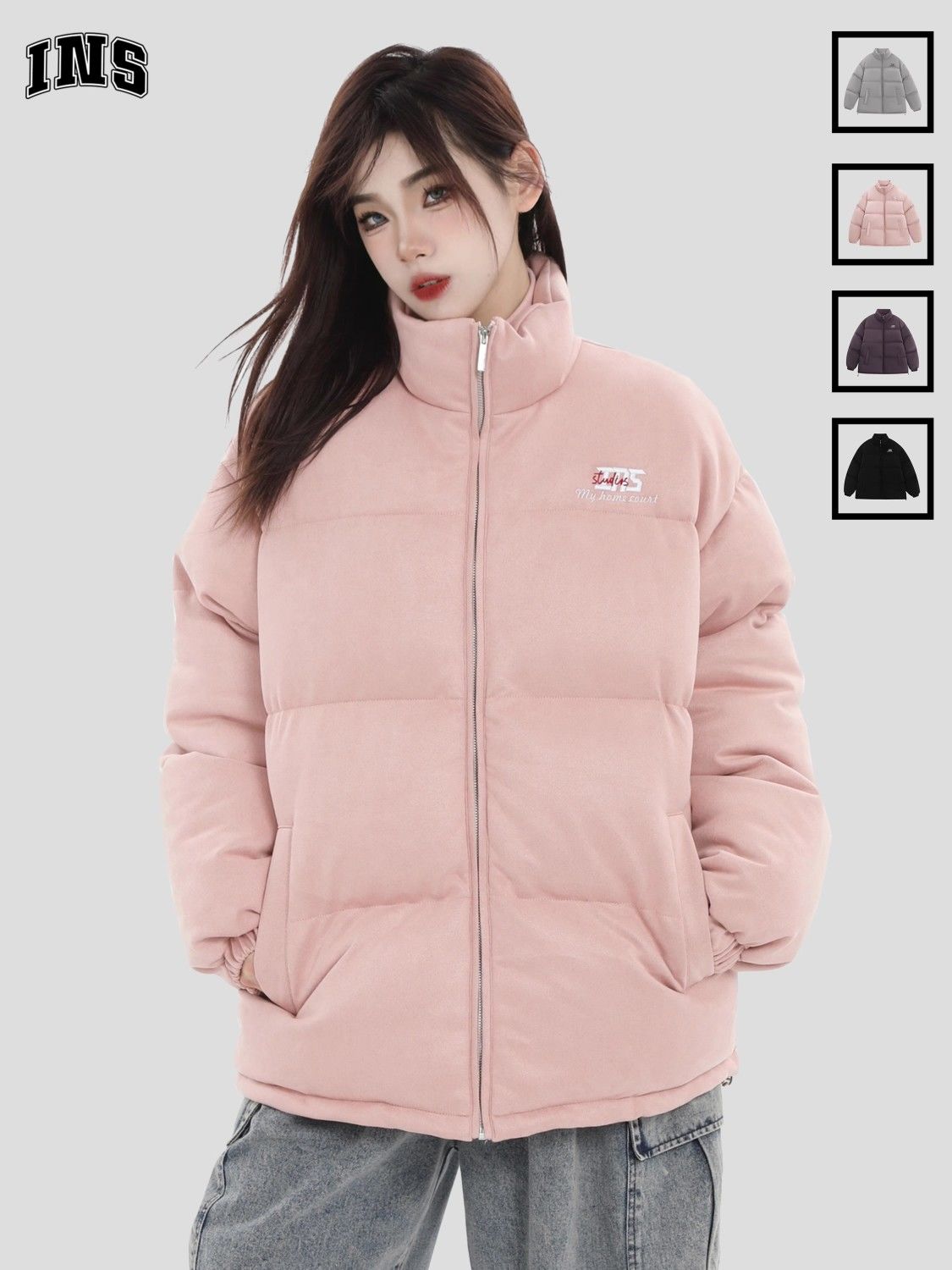 INSstudios 國潮牌情侶美式刺繡LOGO麂皮絨棉服寬鬆保暖棉衣外套