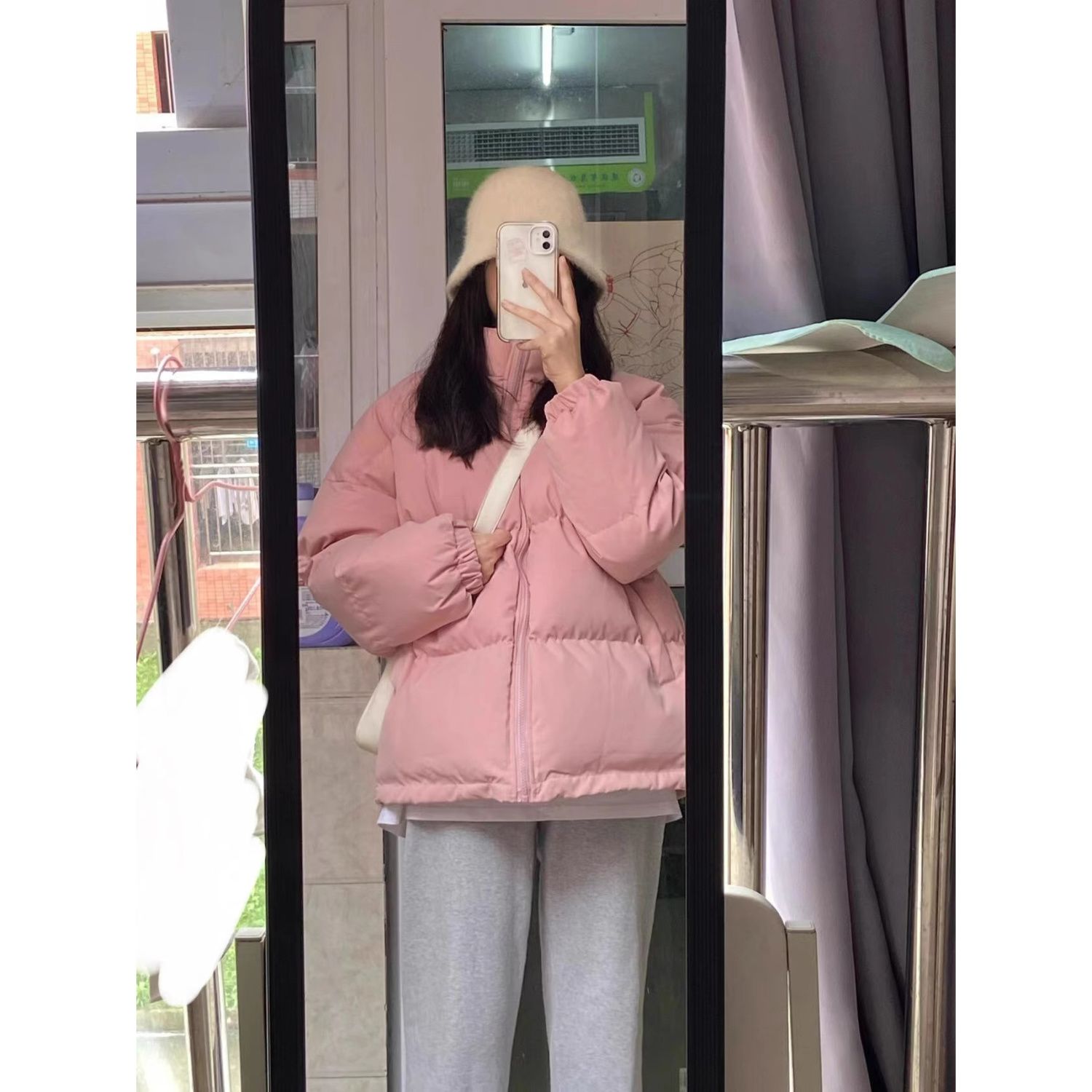 韩版宽松粉色立领棉服冬季女短款新款百搭简约小个子炸街外套
