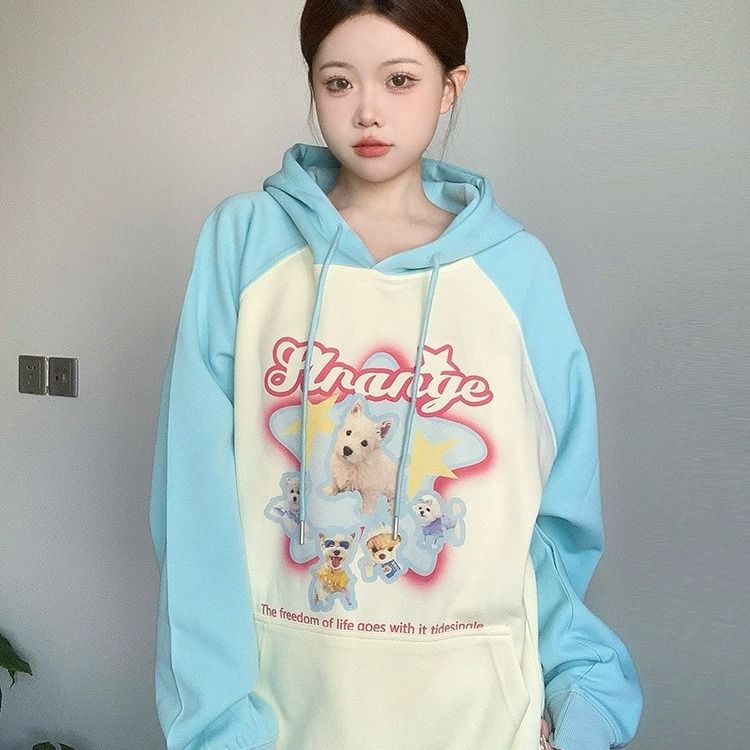 美式多巴胺小狗插肩袖連帽衛衣男女秋冬季百搭寬鬆閨蜜情侶裝外套