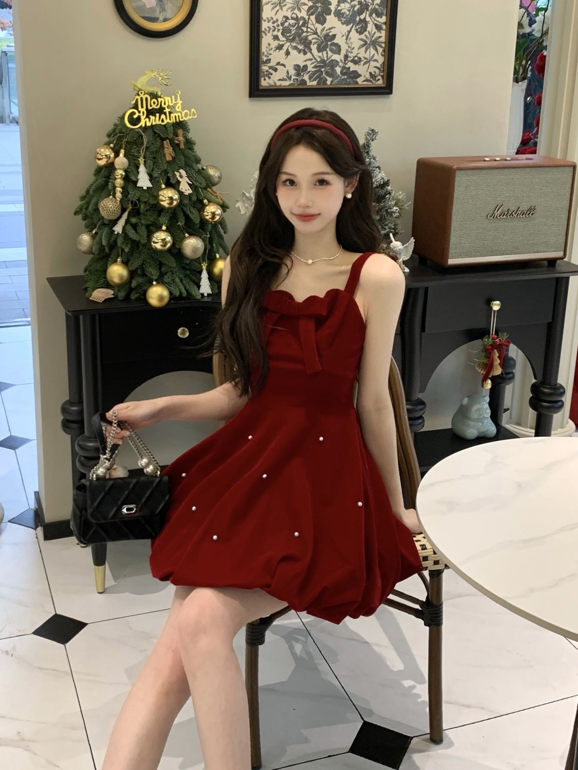 Bow red French velvet suspender dress winter high-end Christmas fluffy princess skirt New Year's shirt