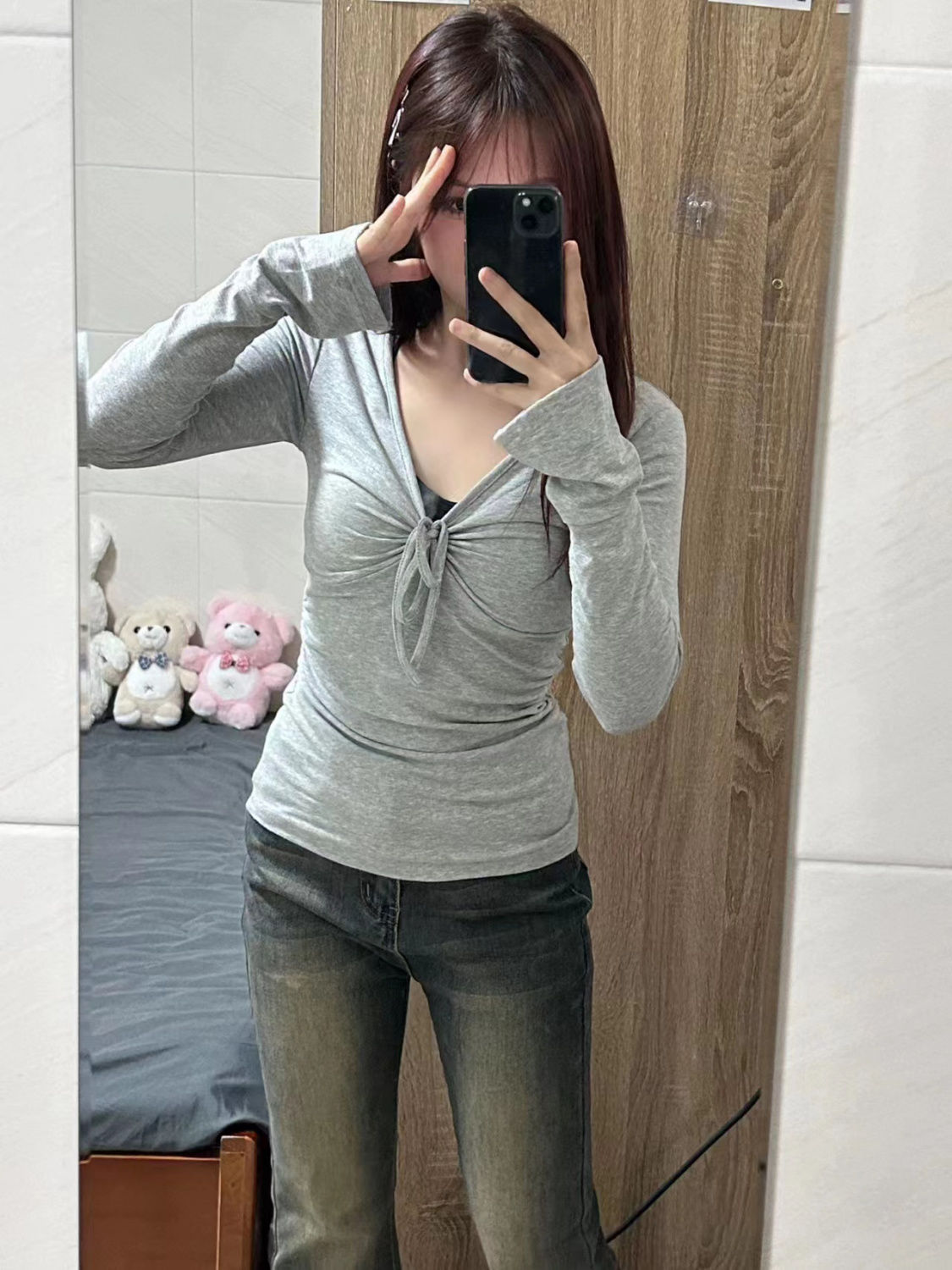 純欲風甜辣妹正肩收腰短款上衣女秋季系帶蝴蝶結v領長袖t恤打底衫