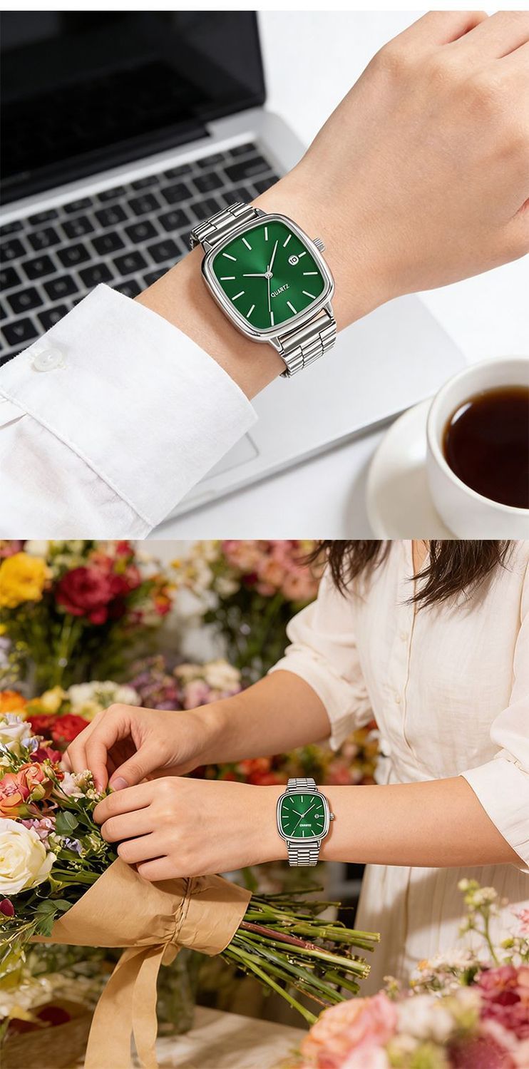 2025 New Model Couple Commuting Quartz Wristwatch, Unisex Simple Rectangular Dial, Metal Strap, Date Display_voghion.com