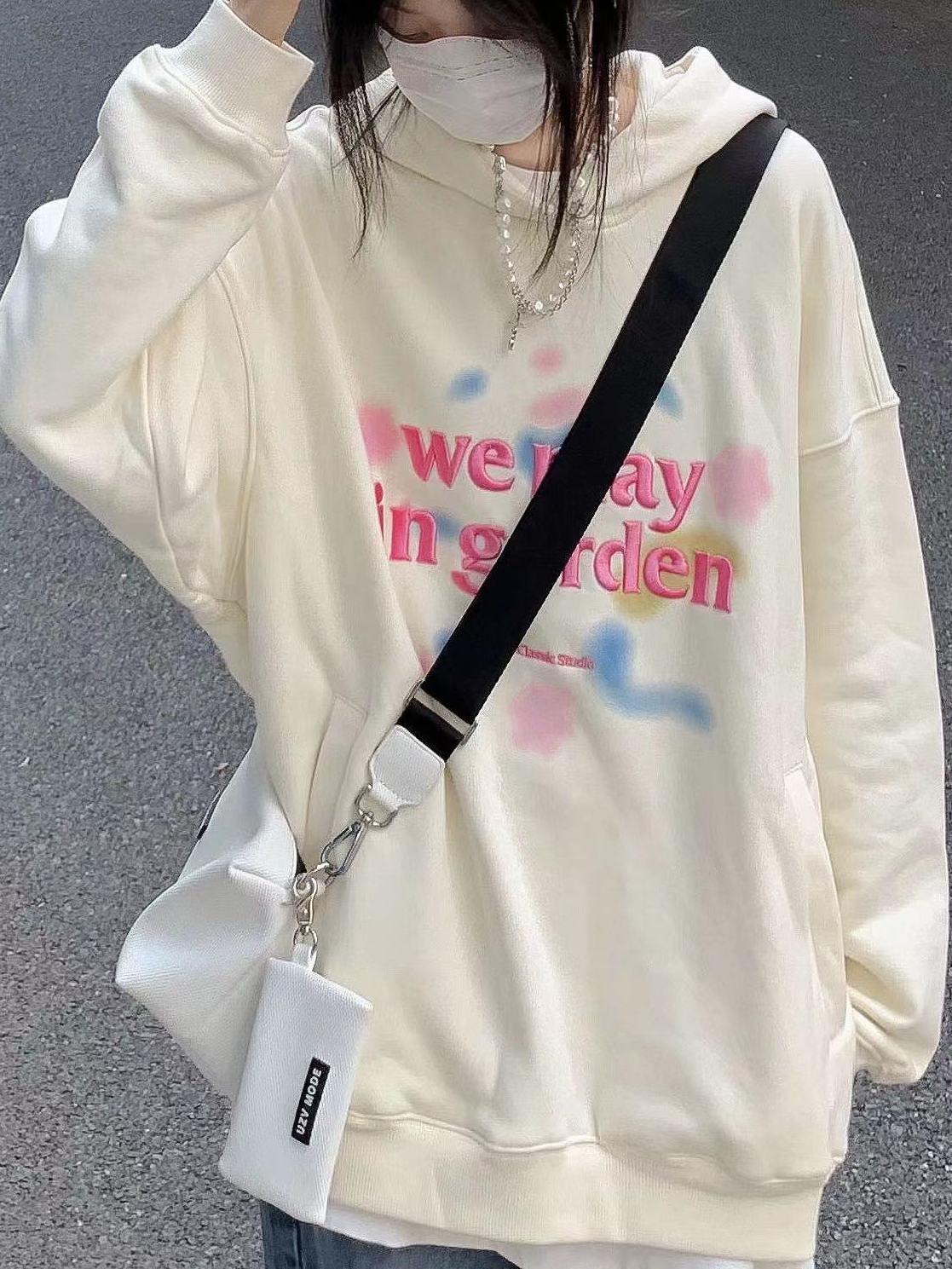 Autumn 2023 new apricot color hooded sweatshirt oversize loose drapey lazy style pullover top