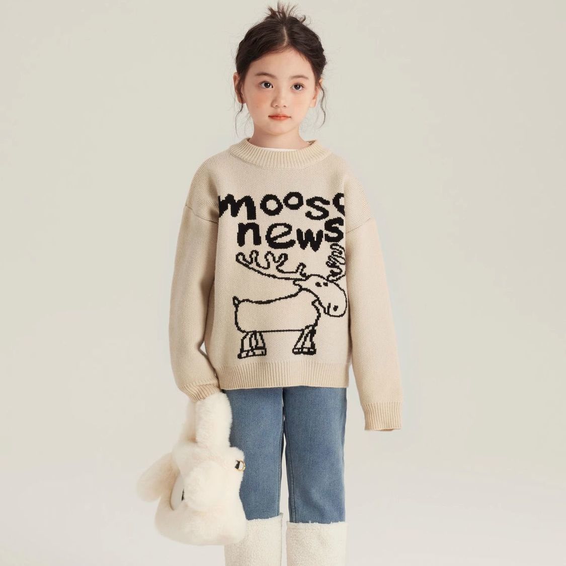 Girls versatile pullover sweater  winter new style Christmas and New Year deer plus velvet thickened round neck knitted top