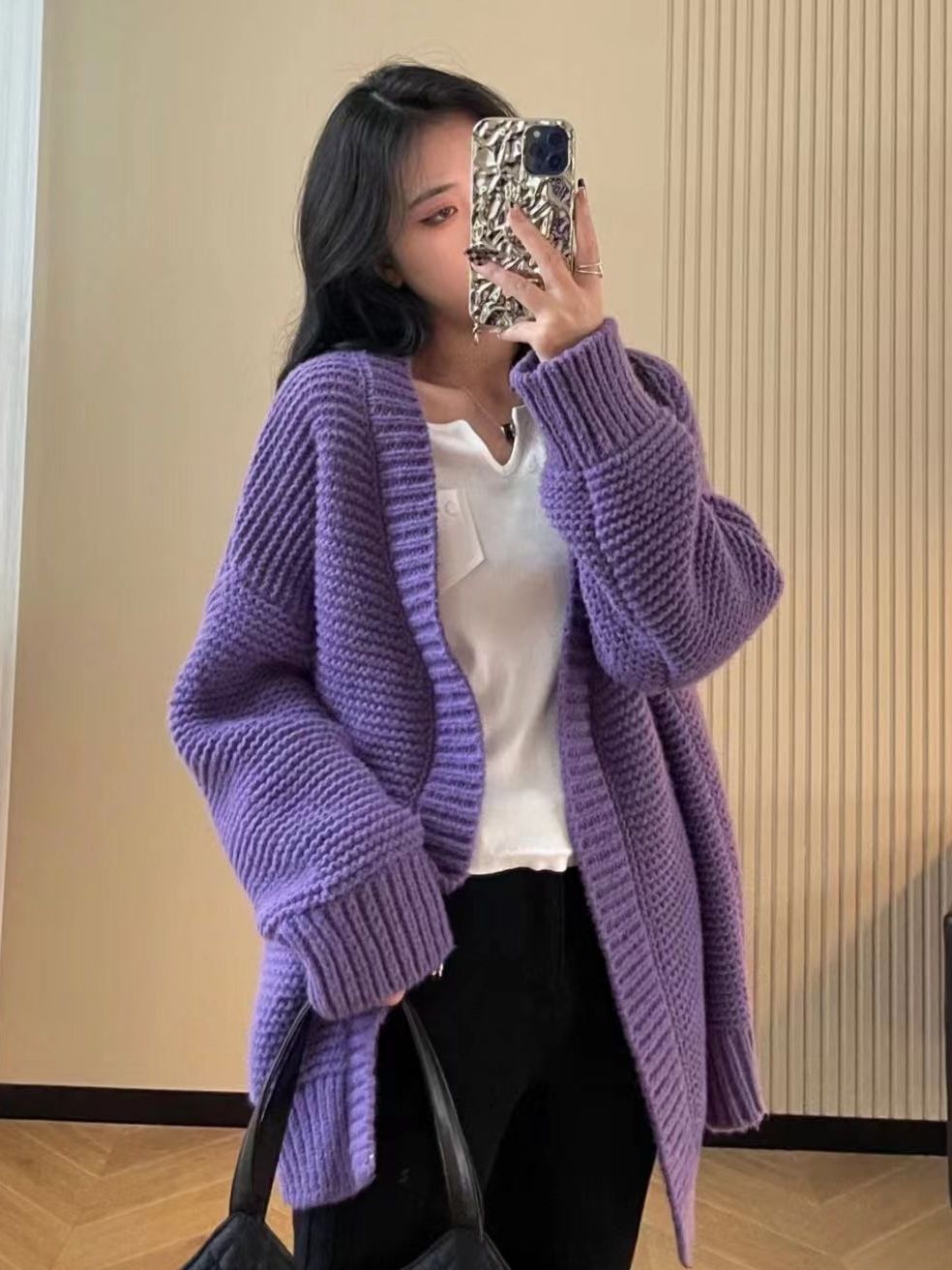 慵懶風寬鬆紫色毛衣女秋冬季美拉德穿搭中長款粗線顯瘦針織外套女