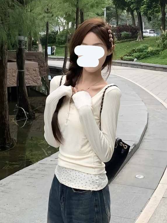 假兩件長袖打底衫女2023新款秋冬碎花拼接甜辣妹短款上衣