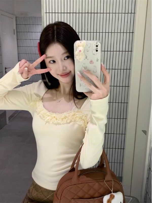 簡約蝴蝶結蕾絲花邊拼接長袖T恤女秋冬季百搭打底衫德絨保暖上衣