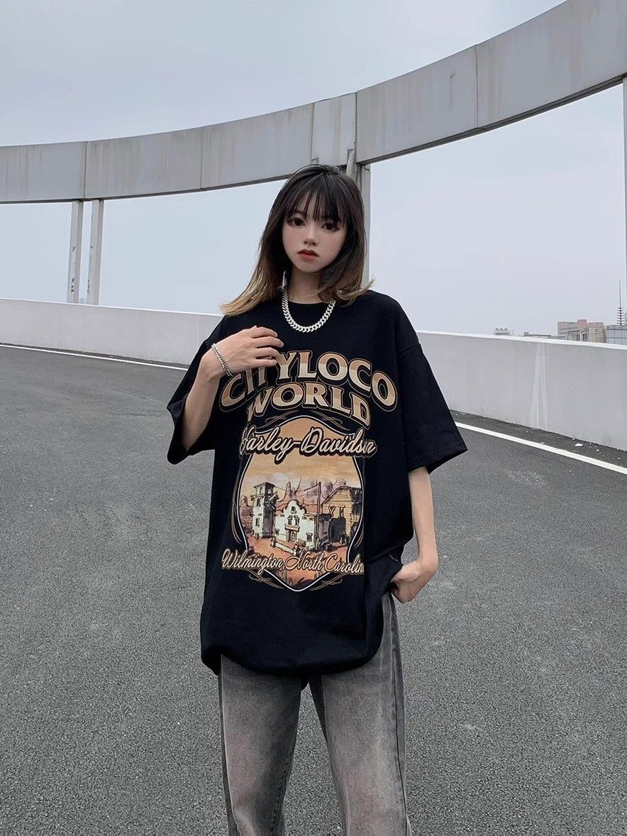 100%重磅純棉國潮美式復古趣味字母印花短袖t恤男女夏季寬鬆上衣