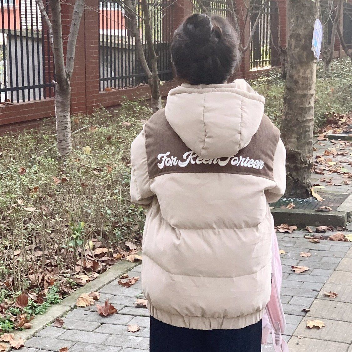 Stitched corduroy letter embroidered hooded cotton coat for female students winter new retro thickened bread coat