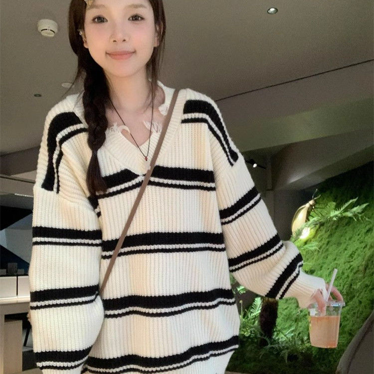 寬鬆休閒慵懶風V領流蘇套頭毛衣女23年秋冬新款中長款條紋針織衫