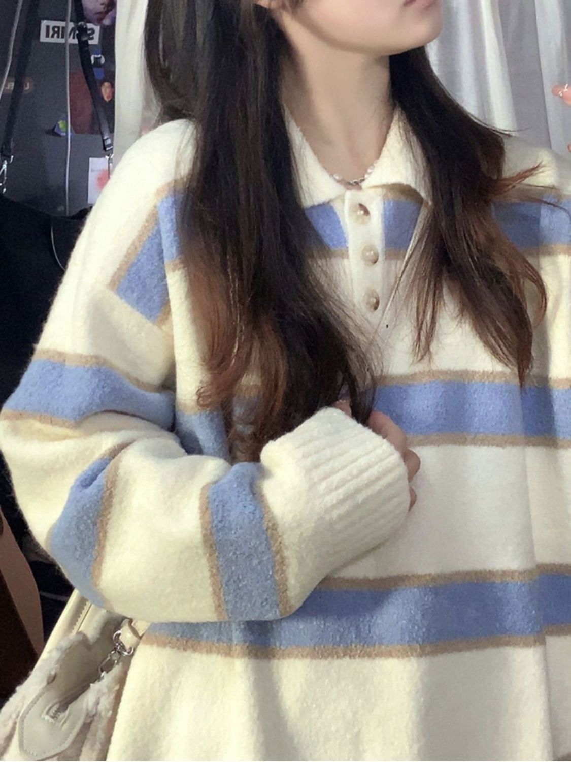 櫻田川島秋冬款設計感小眾寬鬆慵懶風polo領套頭條紋針織衫毛衣女