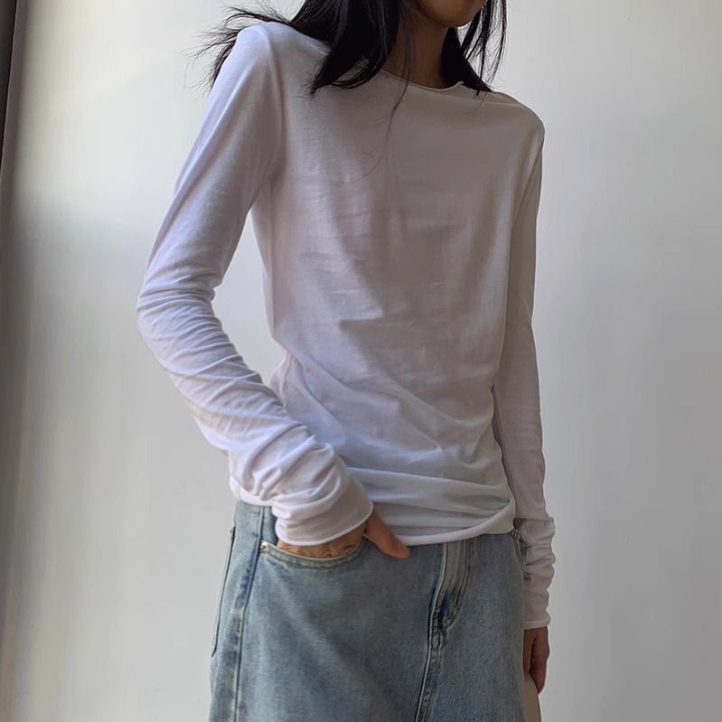 新款春秋季白色長袖T恤女棉質美式修身微透卷邊打底衫顯瘦ins上衣