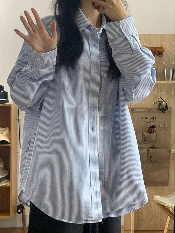 藍色條紋長袖襯衫女2023新款大碼胖mm寬鬆防曬襯衣外套上衣秋冬季