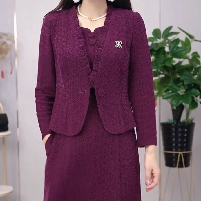 華夫格精紡假兩件套裝連衣裙女2023秋冬新款修身輕奢植絨提花裙子