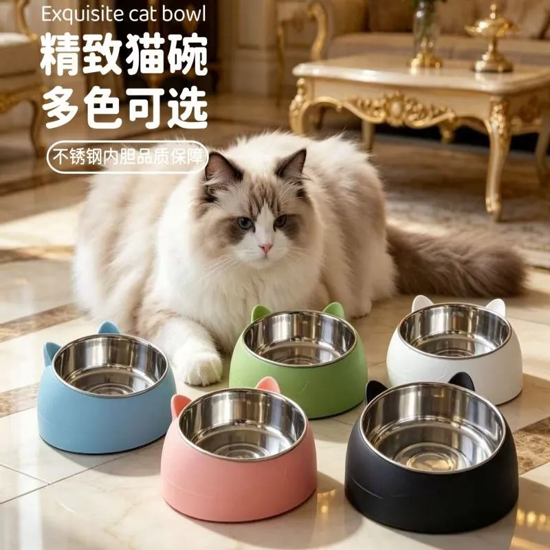 不锈钢猫碗狗碗双碗保护颈椎斜口爆款宠物食盆猫咪用品斜口设计