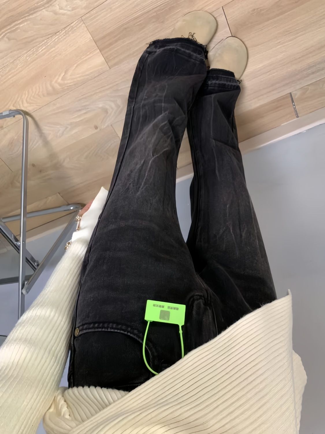 美式復古設計毛邊微喇叭牛仔褲女秋冬款高腰寬鬆顯瘦拖地馬蹄褲潮