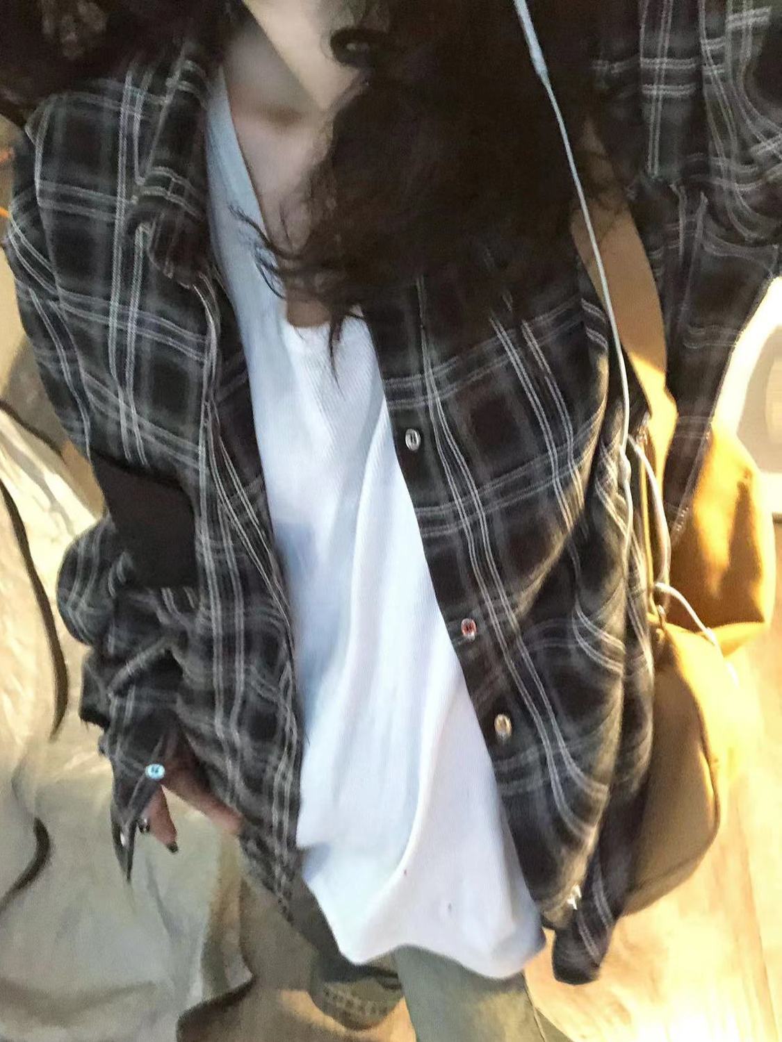 春秋款森系復古chic黑白格紋襯衫外套女寬鬆垂墜感慵懶風襯衣開衫