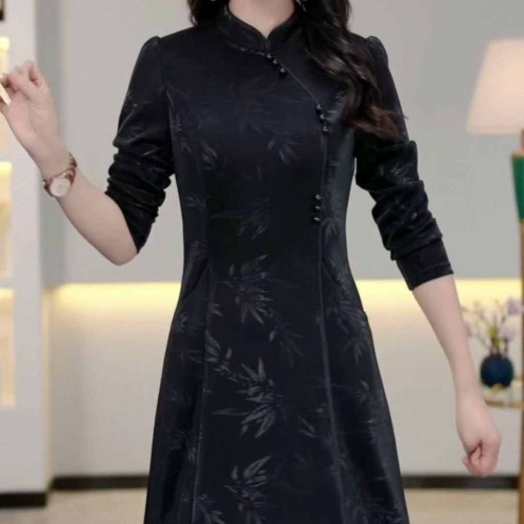 古風水晶玻璃格紋改良旗袍連衣裙加厚秋款2023洋氣女人味修身禮服