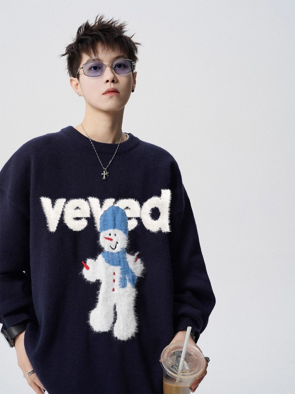 Atmosphere Schneemann-Weihnachtspullover für Herren, Herbst, amerikanische Trendmarke, Jacquard-Muster, lockerer Rundhalsausschnitt, Strickpullover_voghion.com