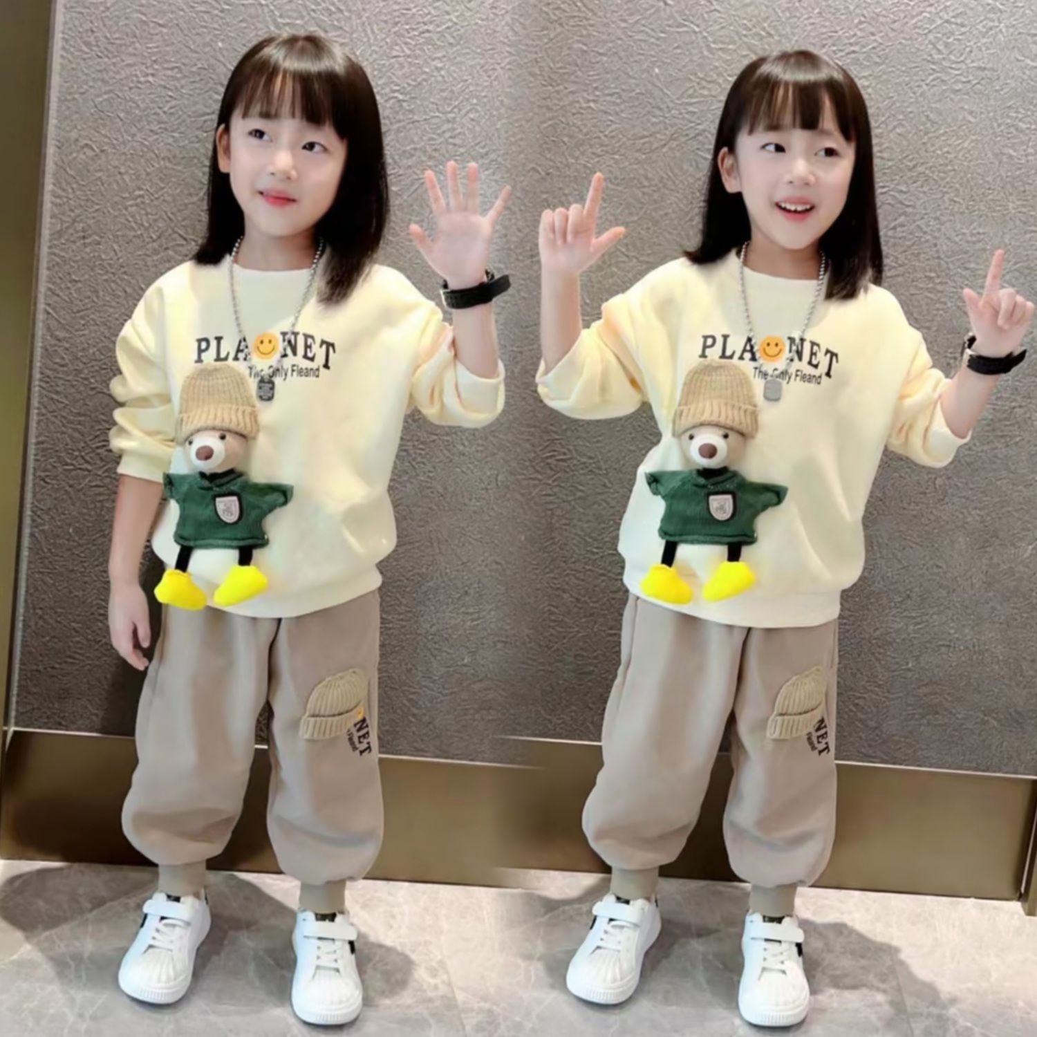 女童秋裝兒童秋季新款套裝中大童立體帽子小熊運動休閒衛衣兩件套