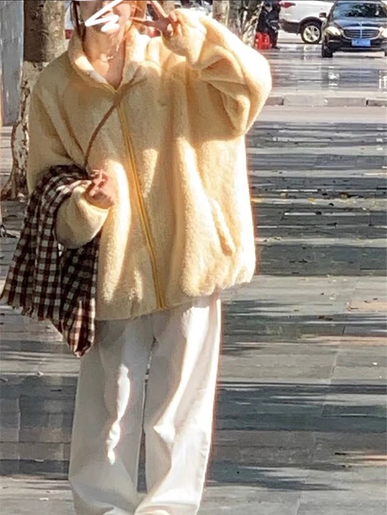 黃色小香羊羔絨毛厚外套女2023新款爆款秋冬高級感超好看小眾上衣