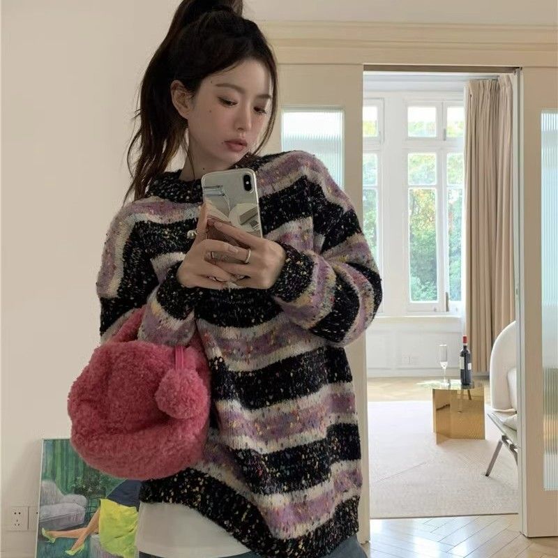 慵懶風條紋撞色軟糯圓領毛衣女裝秋冬長袖針織衫韓版寬鬆套頭上衣