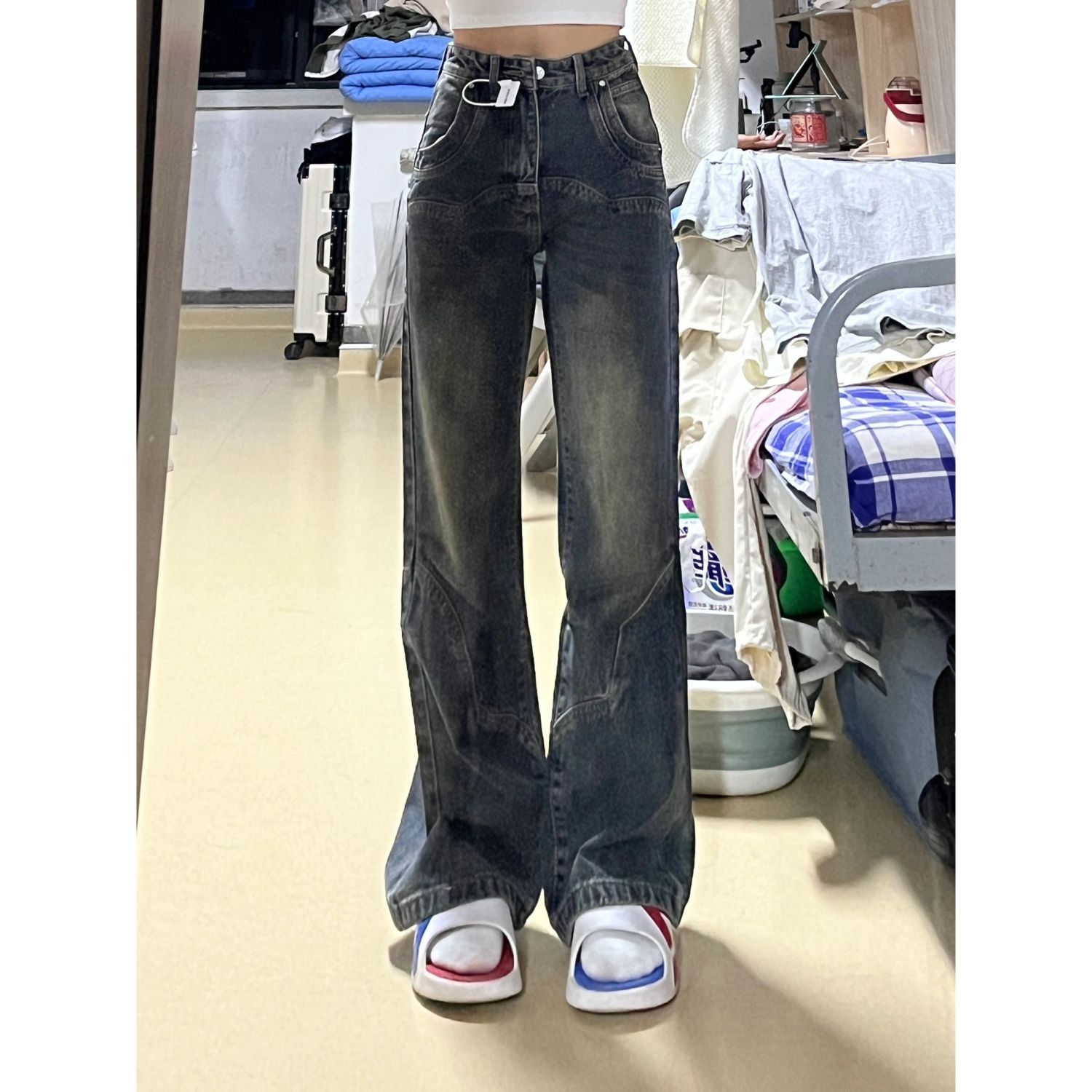 高個子美拉德復古微喇牛仔褲女秋冬新款寬鬆顯瘦高腰加長闊腿褲潮