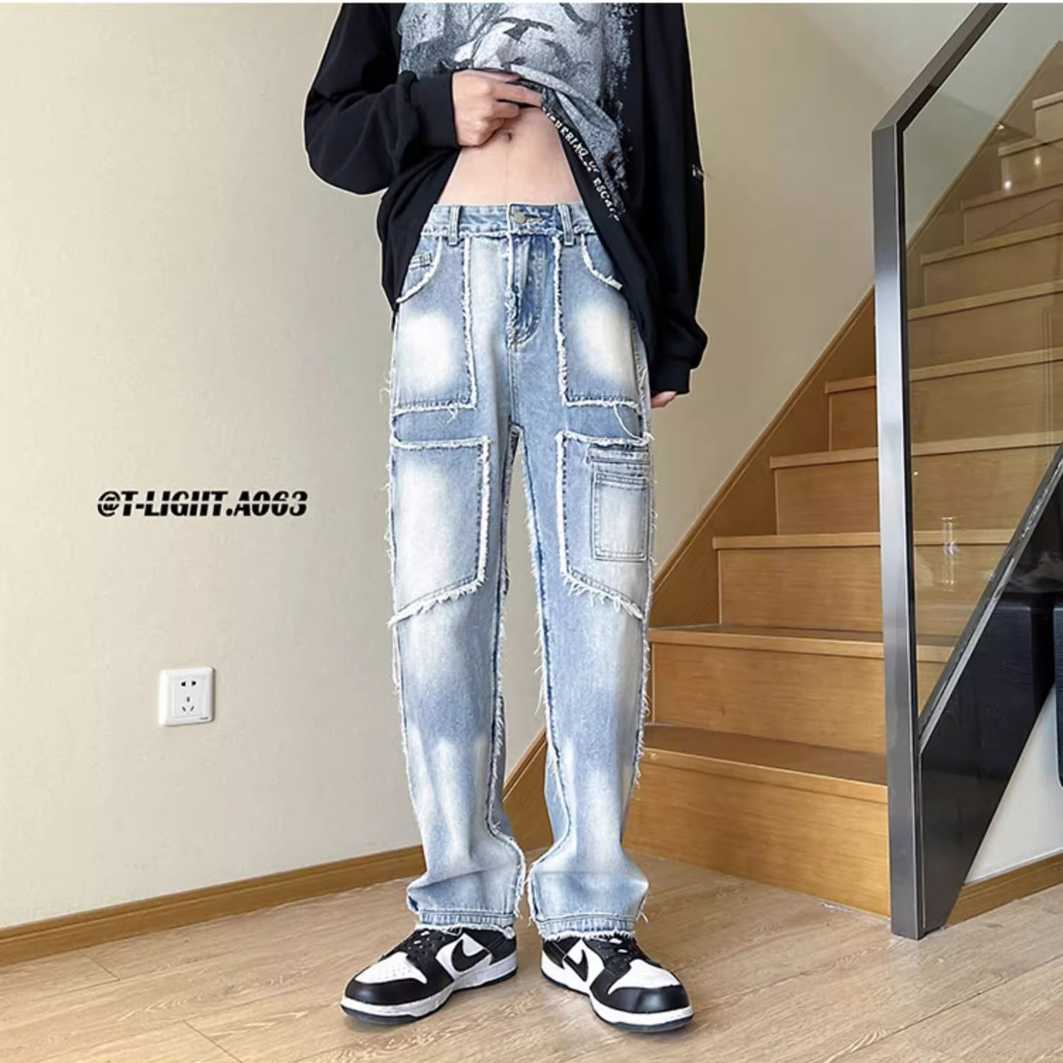 Amerikanische Trendmarke Cool Street Style Herren Retro Vintage Fransen Patchwork Arbeits-Denim Lange Hose_voghion.com