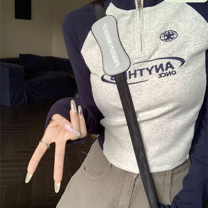 美拉德正肩女t恤長袖秋季字母修身拉鏈內搭打底衫短款拼接上衣女