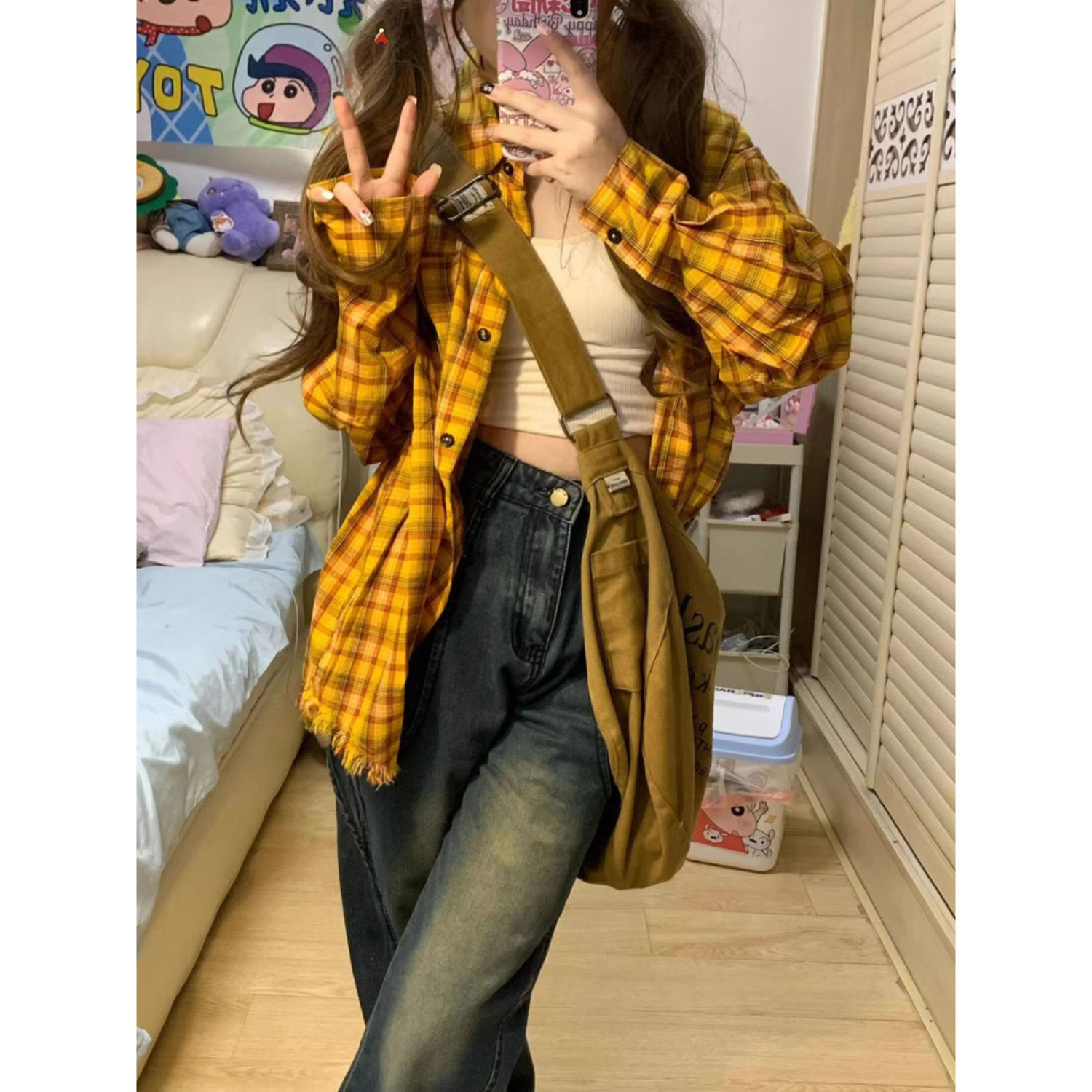 黃色格子長袖襯衫女秋季新款毛邊設計感小眾寬鬆復古港風襯衣外套