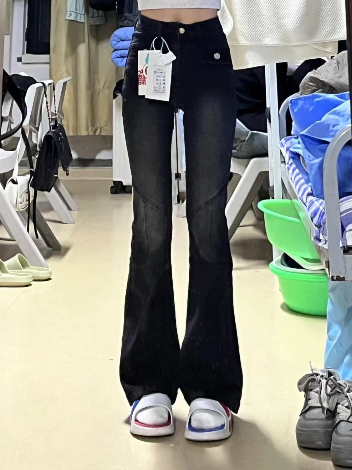 美式復古微喇叭牛仔褲女秋冬款高腰緊身顯瘦辣妹高街馬蹄堆堆褲子