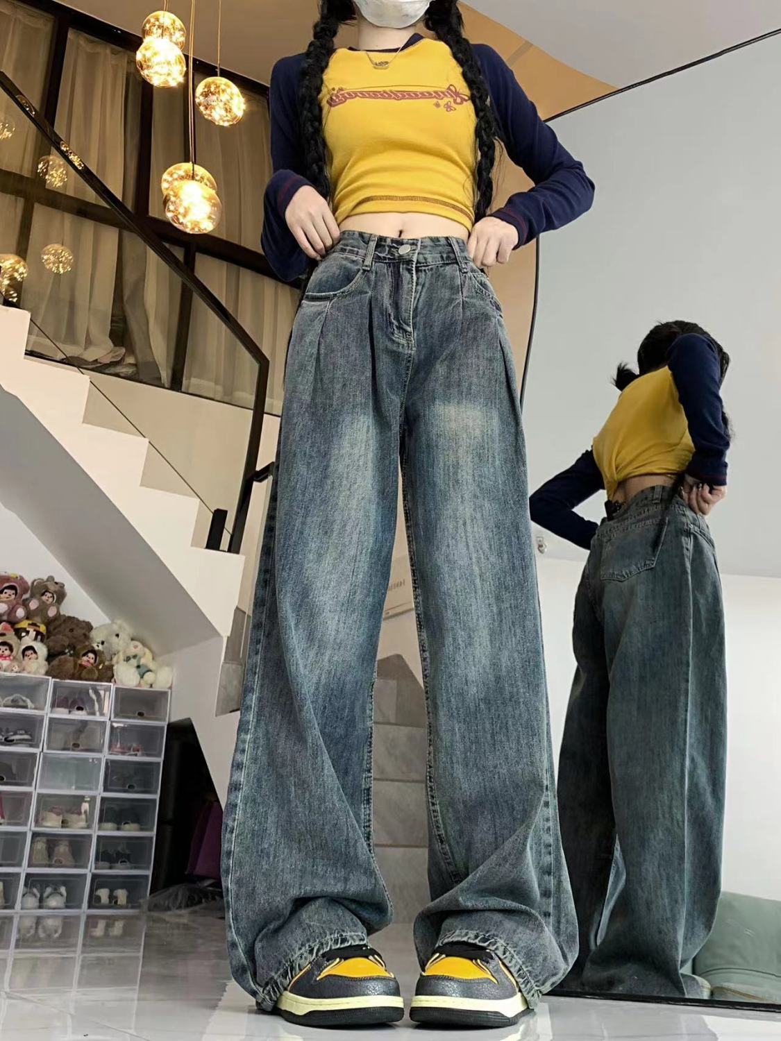 美式vibe復古褶皺闊腿牛仔褲女秋冬設計感高腰寬鬆顯瘦直筒拖地褲