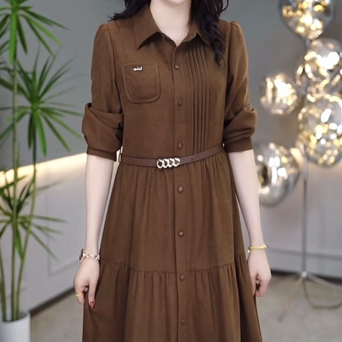 洋氣顯瘦磨毛精紡連衣裙2023新款女裝秋冬高檔輕奢長袖中長款裙子