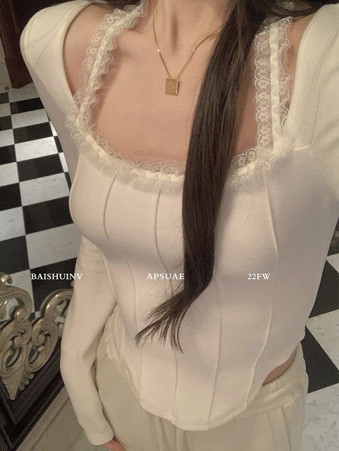 辣妹德絨蕾絲掛脖長袖T恤女不規則下擺秋冬季內搭打底衫短款上衣