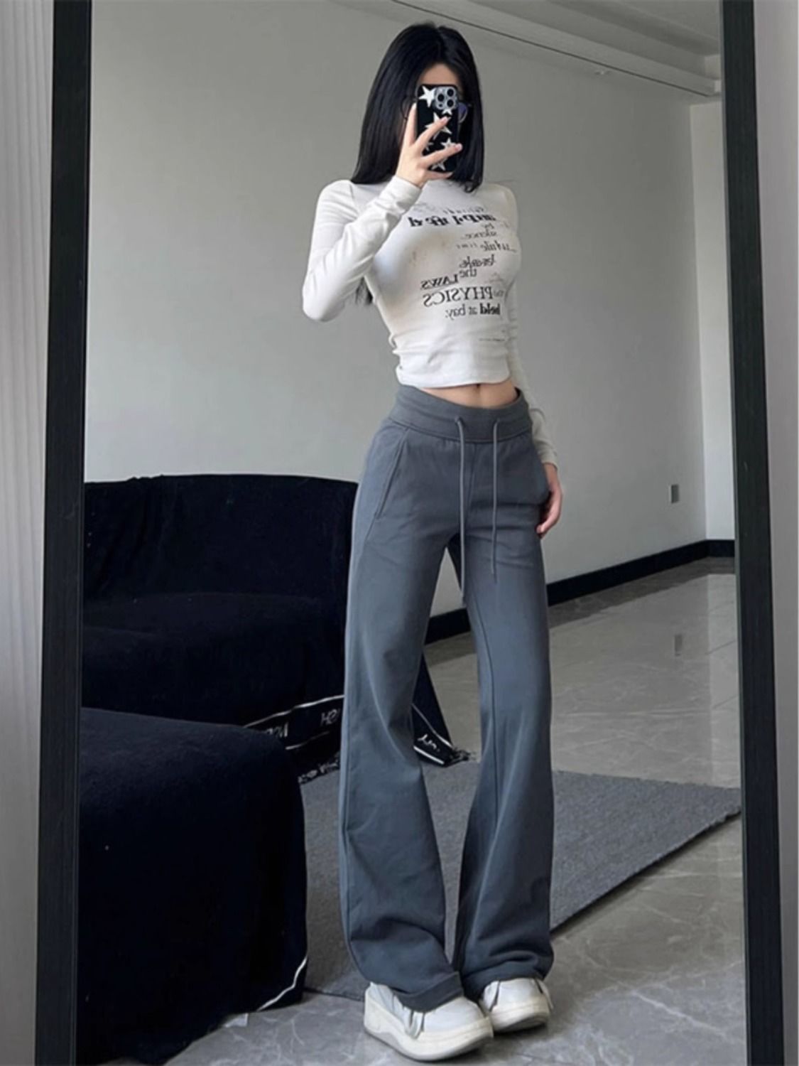 美式辣妹低腰休閒褲女秋季新款灰色瑜伽褲寬鬆顯瘦直筒運動褲微喇