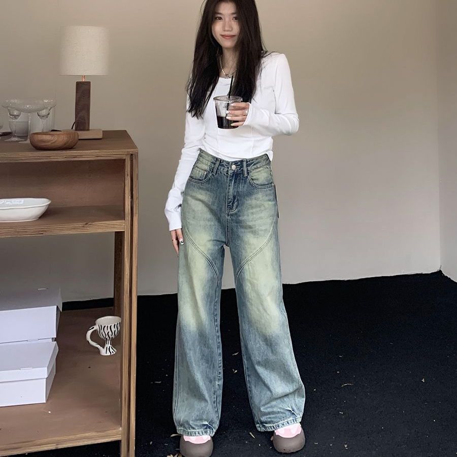 高個子美式復古水洗微喇牛仔褲女秋冬ins新款高腰寬鬆顯瘦闊腿褲