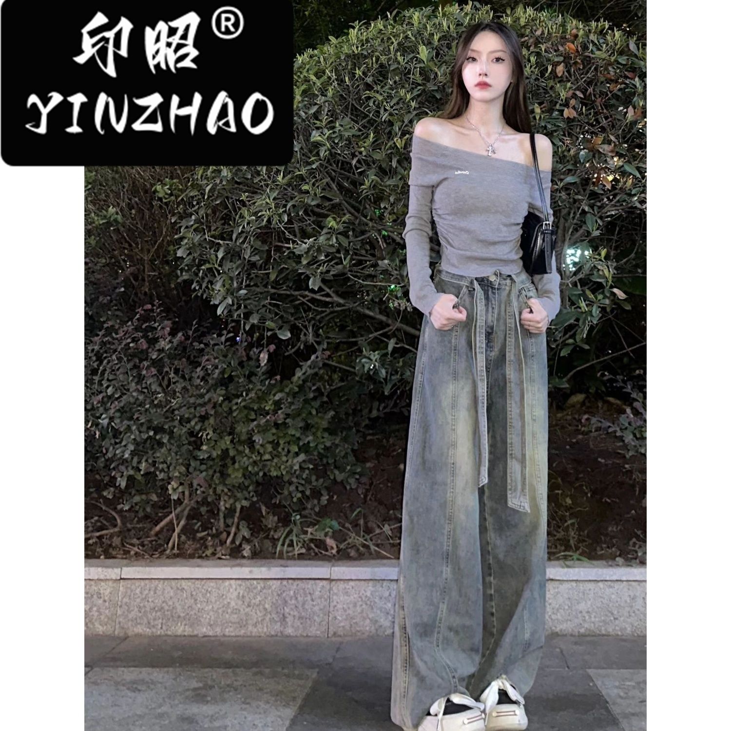 【印昭YINZHAO】復古闊腿高腰牛仔褲女美式高街顯瘦辣妹拖地褲子