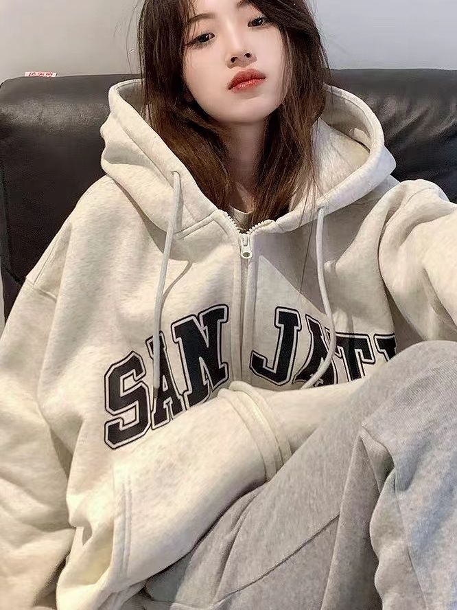 2023 spring and autumn floral gray printed hooded sweatshirt for women oversize loose drape lazy zipper jacket