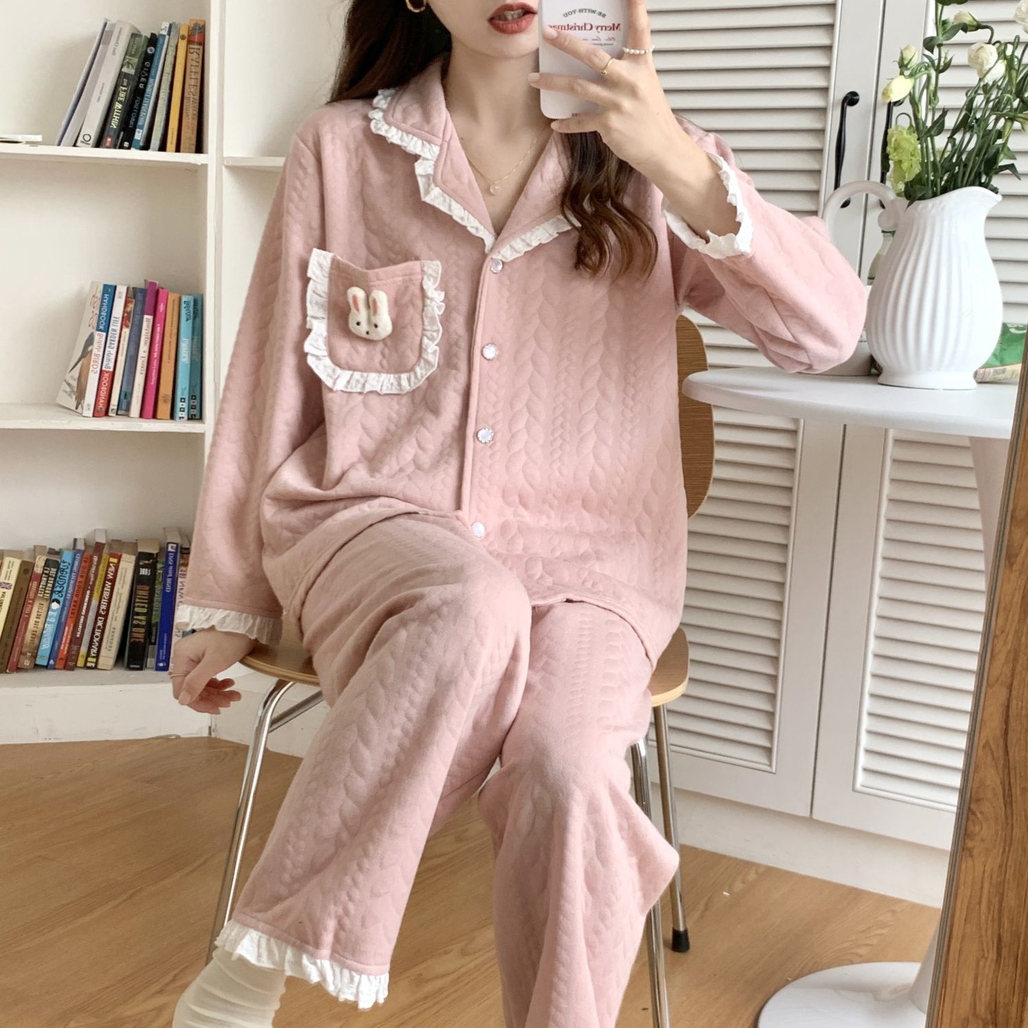 休閒夾層加厚睡衣女士秋冬季保暖純棉花邊卡通兔頭家居服粉色套裝