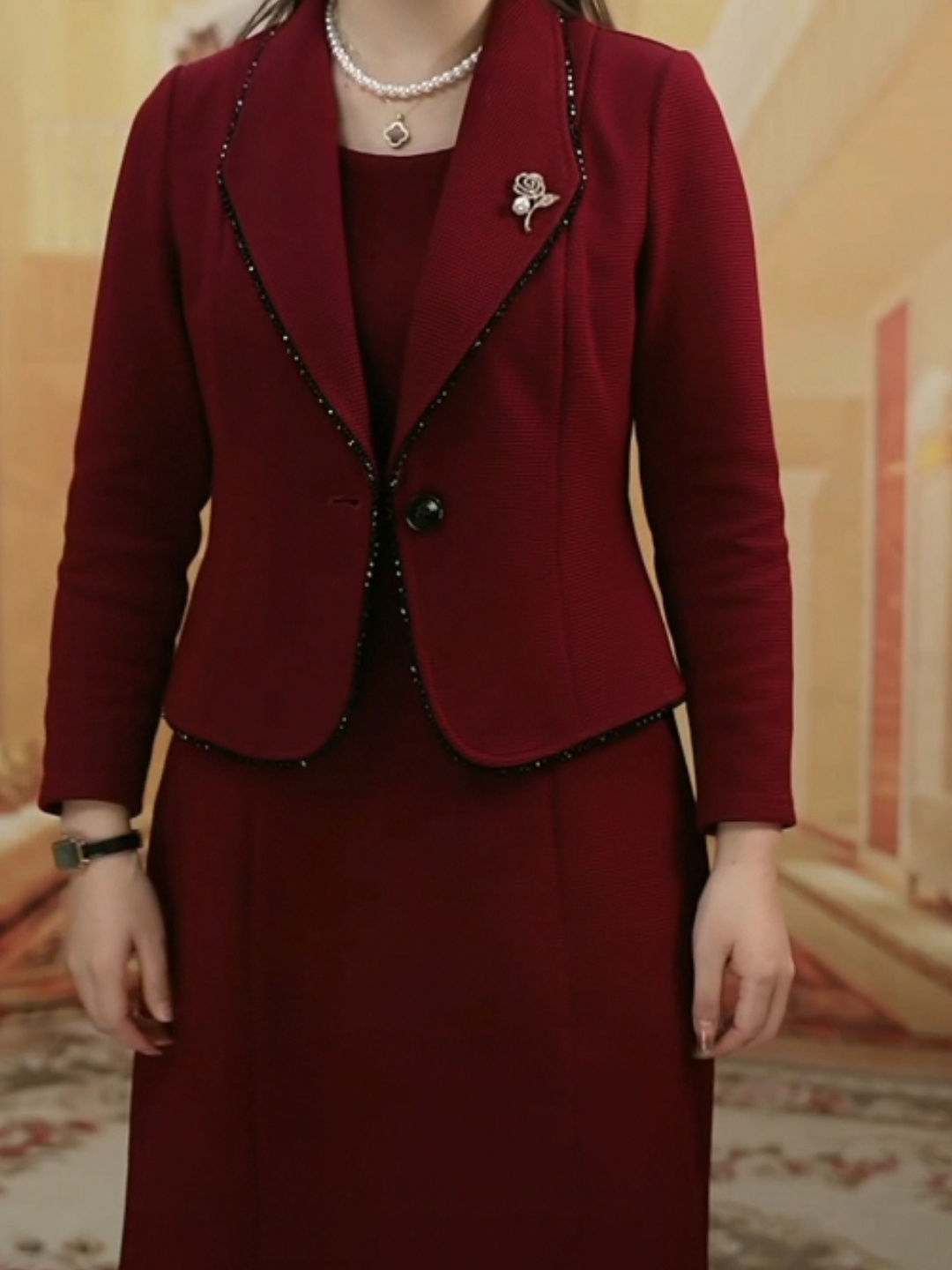 高檔帛萊精紡假兩件媽媽婚宴禮服裙2023秋洋氣釘珠外套連衣裙套裝