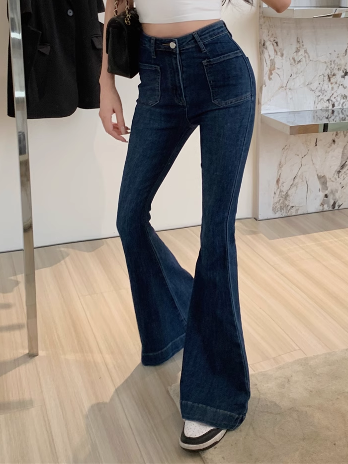 Denim深藍水洗牛仔褲女小個子修身顯瘦高腰彈力大喇叭牛仔長褲潮