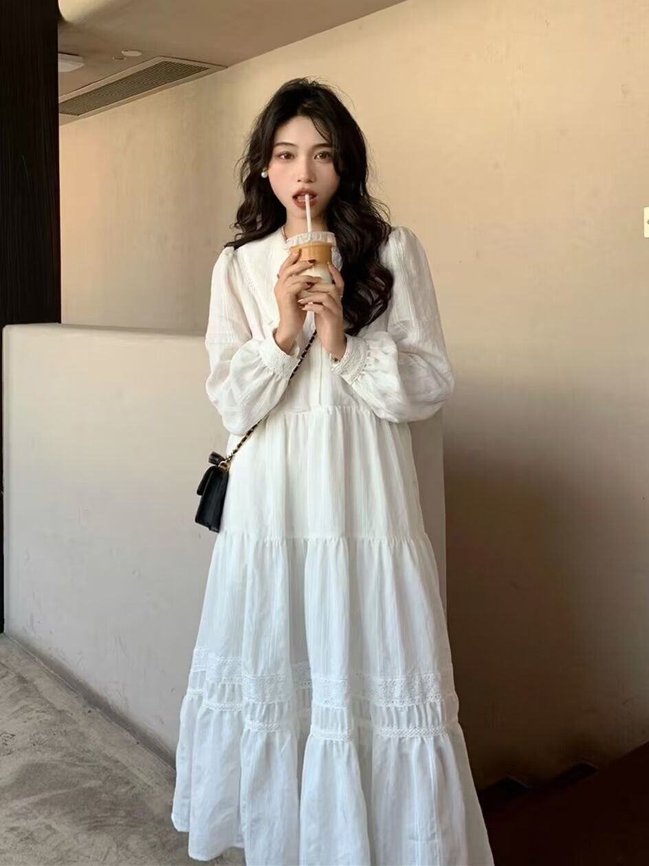 Gentle style white dress for women 2024 early spring new French niche design doll collar fairy long skirt