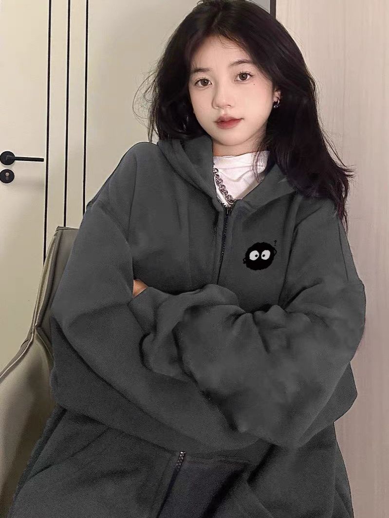 復古深灰色衛衣女冬季銀狐絨加厚寬鬆慵懶風垂墜感情侶款連帽外套