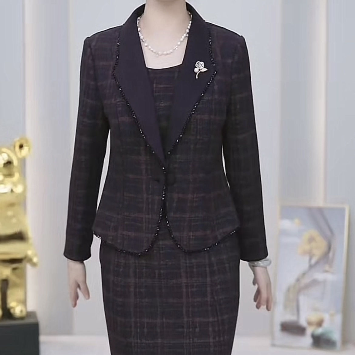 高檔色織格紋假兩件套裝連衣裙2023新款秋女洋氣顯瘦輕奢禮服裙子